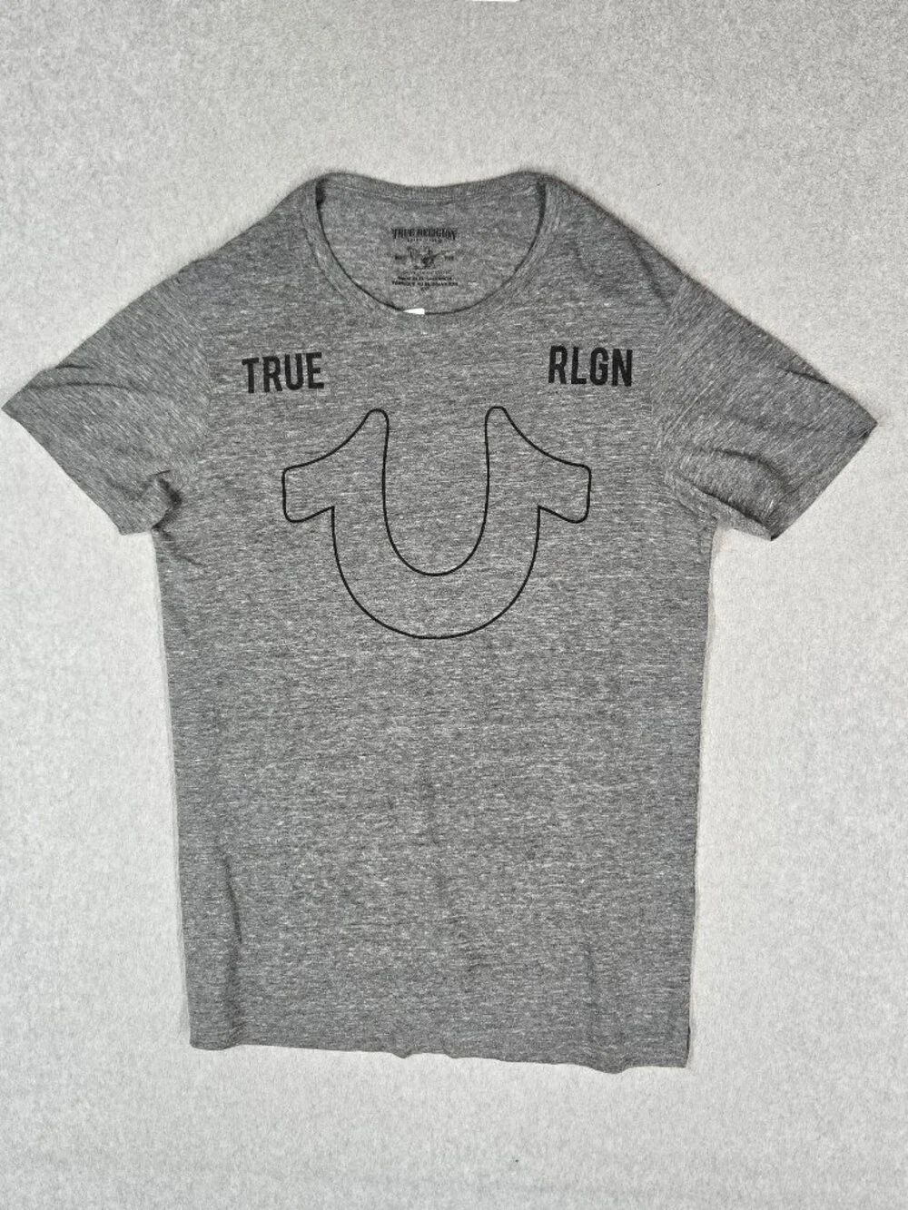 True Religion Men Shirt S Gray Horseshoe Spellout Logo Graphic Print Crew Neck